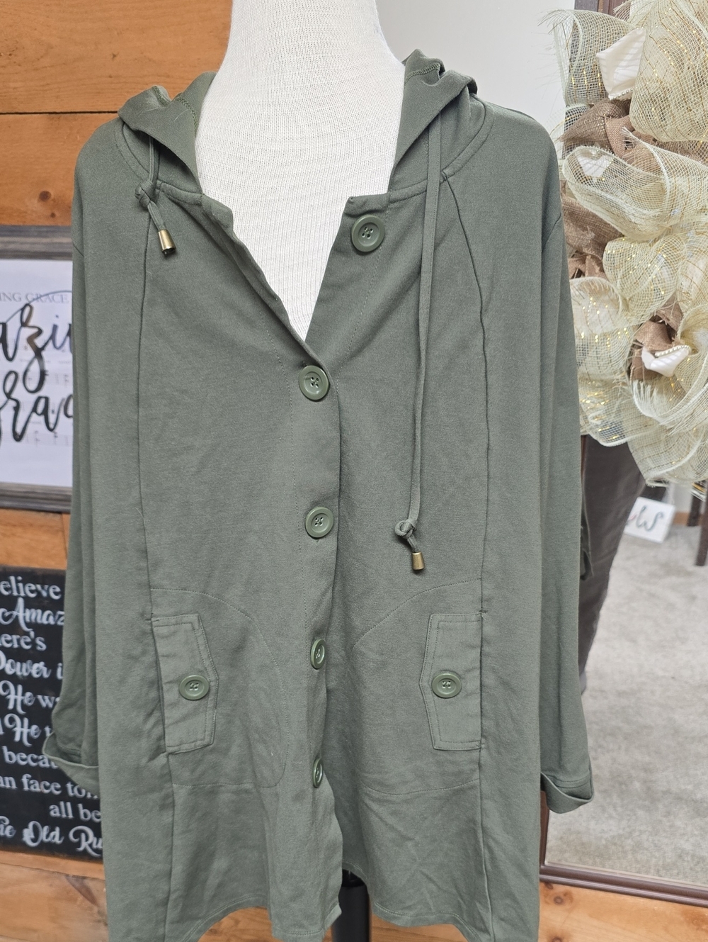 Christian Siriano Olive Green Hooded Button-Front Jacket